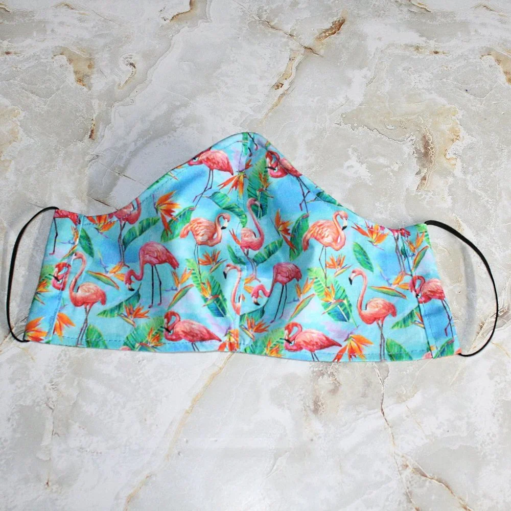 HAND CRAFTED Face Mask Blue Flamingos Adult Cloth Fabric Print - Shield Style
